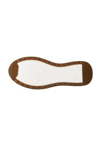 Suola di scarpa in gomma con un motivo esagonale bianco e bordi testurizzati marroni, dalla forma curvata e con rilievi al tallone.