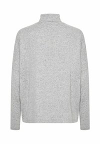 Light grey sweater with a high neck, long sleeves, relaxed fit, and a textured knit fabric. Smooth finish with no visible patterns or accents.