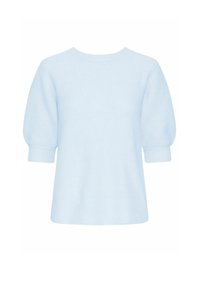 Hellblaues Strickoberteil mit rundem Halsausschnitt, kurzen Puffärmeln und geripptem Design, mit einer lockeren Passform.