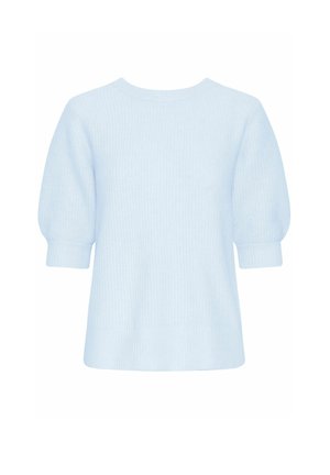 Hellblaues Strickoberteil mit rundem Halsausschnitt, kurzen Puffärmeln und geripptem Design, mit einer lockeren Passform.