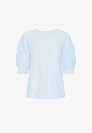 Pull en maille bleu clair, avec un décolleté rond, des manches courtes à volants et une texture côtelée, au design ample.
