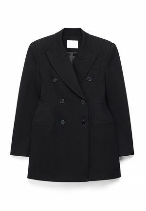 Melns divrindu žakete no teksturētas auduma, ar atslēgu atlokiem, sešām pogām un divām priekšējām kabatām.