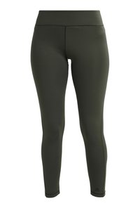 Leggings de color verde oliva fabricadas con tela elástica, que presentan un diseño de cintura alta, textura suave y un sutil detalle del logo en el dobladillo.