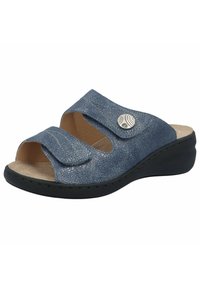 Blue synthetic slide sandal with a textured finish, two wide straps, cutouts, a round silver accent, and a wedge heel.