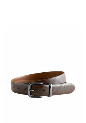 Brown leather belt with small perforations, silver metal buckle, and belt loop, coiled on a white background.