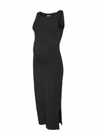 Robe de maternité noire sans manches avec corsage ajusté, fente latérale et jupe légèrement évasée conçue pour le confort et le style.