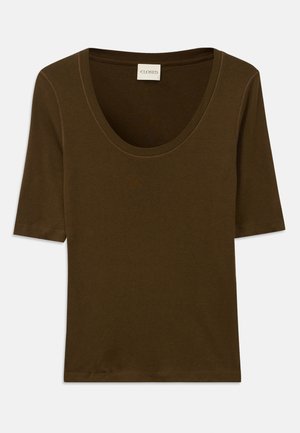 Brown short-sleeve shirt made of soft fabric with a rounded neckline and a simple, clean design. No patterns or additional details.