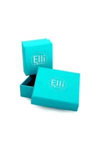 Türkisfarbene Schmuckkästchen gestapelt, mit einem abgerundeten Logo, das "Elli, WIR ♥ SCHMUCK" auf der Vorderseite zeigt. Die innere Box ist schwarz und leicht geöffnet.
