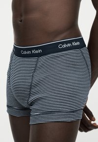 Ανδρικός κορμός με μπλε σκούρο και λευκό ριγέ ανδρικά εσώρουχα Calvin Klein με λογότυπο στη ζώνη, πάνω σε λευκό φόντο.