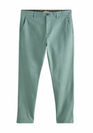 Pantalones de algodón verde claro con un diseño recto, bolsillos frontales y cierre de botón. Textura suave y ajuste entallado.