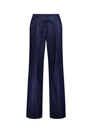 Dunkelblaue Jeans mit weitem Bein, vorderen Taschen, Knopfverschluss und einem Kordelzug in der Taille.