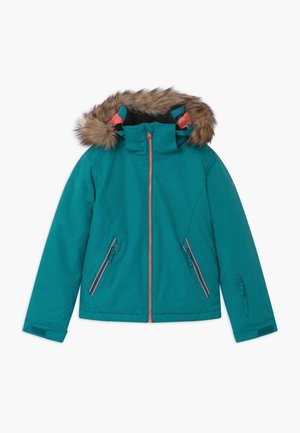 Teal winter jacket with coral zipper and pockets, fur-lined hood, sleeve pocket, and adjustable wrist straps, laid flat on white background.