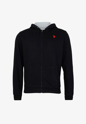 Felpa nera con zip, con tasche frontali, cappuccio con cordino e foderato in grigio, e piccolo logo ricamato rosso sul lato sinistro del petto.