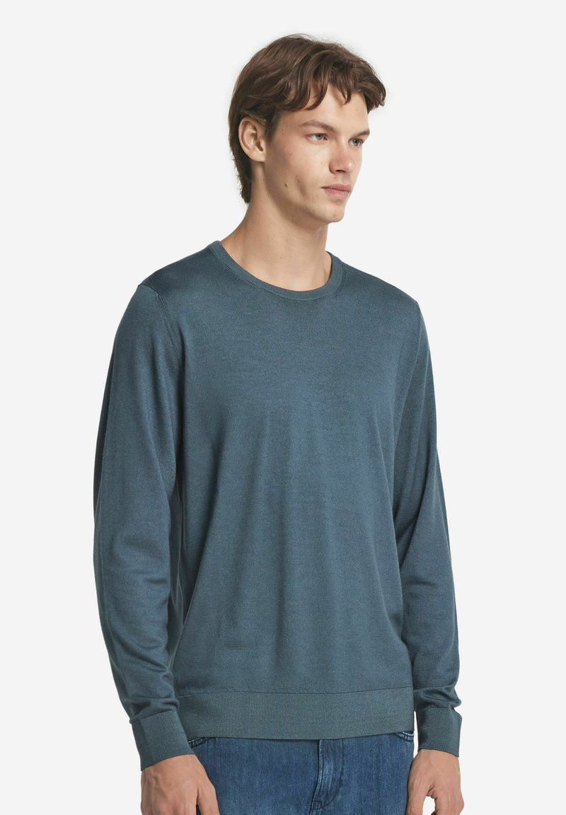 Mörk teal långärmad tröja i ett mjukt och slätt material. Har en rund halsringning samt ribbade muddar och nederkant. Bärs med blå jeans.