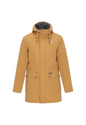 Kollane veekindel jakk kapuutsiga, hõbedaste detailidega, kahe esikoti ja tekstuurse voodriga. Lihtne ja funktsionaalne disain.