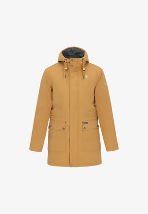 Gelbe wasserdichte Jacke mit Kapuze, ausgestattet mit silbernen Beschlägen, zwei Vorderseiten-Taschen und strukturiertem Futter. Einfaches, funktionales Design.