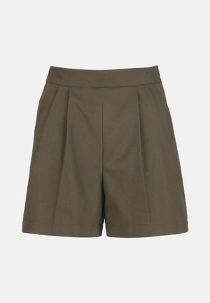 Olívovo zelené kraťasy s vysokým pásom, prednými záhybmi a priliehavým strihom, s širokým pásom a bočnými vreckami.