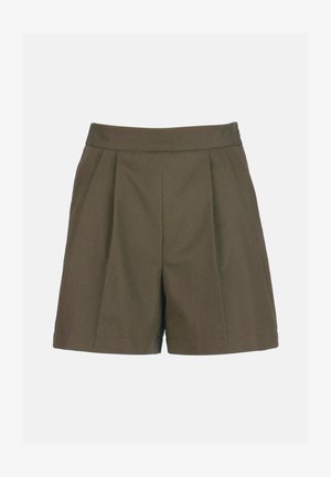 Pantaloncini verde oliva a vita alta con pieghe frontali e una vestibilità sartoriale, con una fascia larga in vita e tasche laterali.