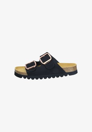 Black slide sandal made of soft flannel with two adjustable buckles, cork footbed, and a scalloped rubber outsole.