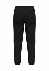 Zwarte waterdichte broek met een elastische tailleband, taps toelopende benen, ritsen aan de onderkant en zijzakken. Soepele textuur, geschikt voor gebruik buiten.