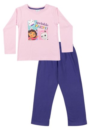 Set pigiama per bambini con maglietta rosa a manica lunga con personaggi dei cartoni animati e la scritta "sprinkle PARTY" e pantaloni blu scuro a tinta unita.