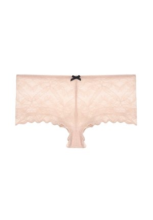 Slip boyshort in pizzo rosa chiaro con bordi smerlati e piccolo fiocco nero centrato sulla cintura.