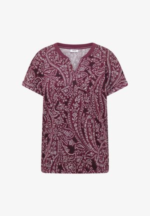 Kurzärmeliges dunkelrotes Hemd mit weißen, komplexen Paisley-Mustern und einem abgerundeten V-Ausschnitt.
