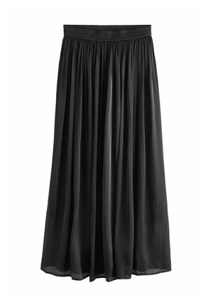 Jupe midi plissée noire avec taille élastique, tissu léger et fluide, finition légèrement transparente.