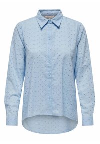 Camicia a maniche lunghe azzurro chiaro con colletto button-down, motivo ricamato a pois e orlo arrotondato. Tessuto di cotone morbido e texturizzato.