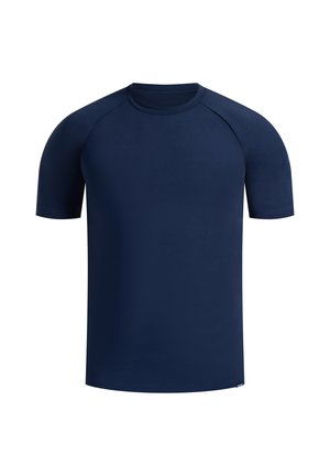 Navyblauw T-shirt met korte mouwen, gemaakt van gladde, rekbare stof. Heeft een ronde halslijn en raglanmouwen voor een comfortabele pasvorm.