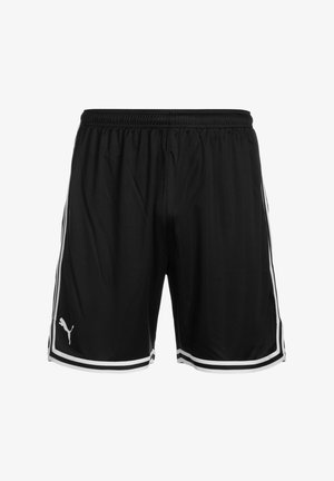 Zwarte sportshorts van lichtgewicht stof, met witte zijstrepen, een elastische tailleband en een klein logo aan de onderkant aan de linkerzijde.