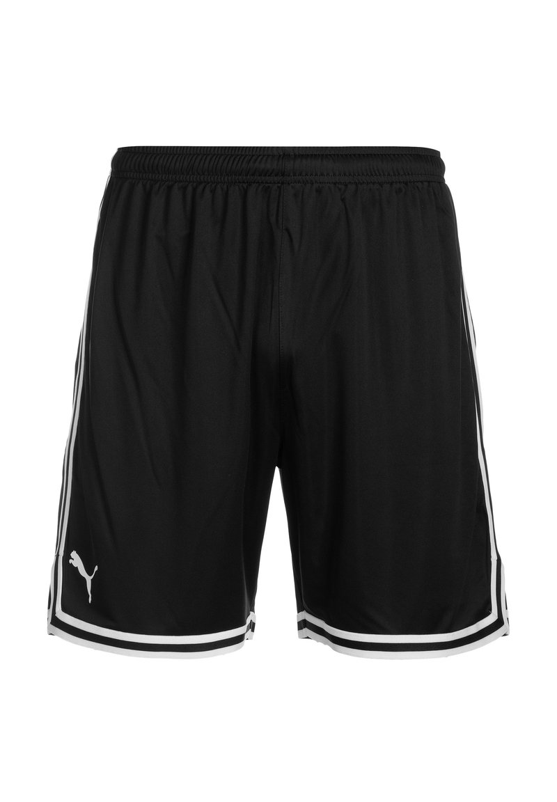 Bermudas deportivas negras de tejido ligero, con rayas laterales blancas, cintura elástica y un pequeño logo en la parte inferior izquierda.