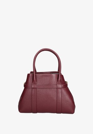 Borsa a mano in pelle color bordeaux con superficie strutturata, doppi manici corti e dettagli laterali. Forma strutturata con cuciture verticali e accessori dorati.