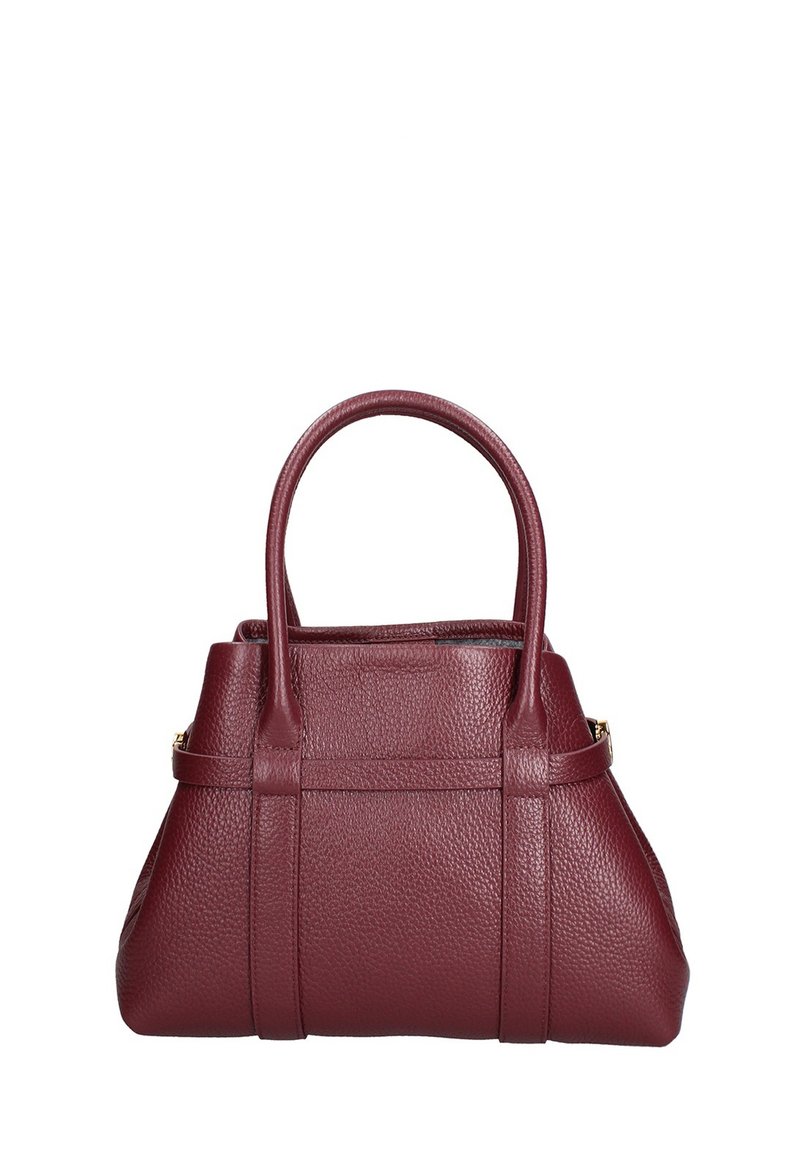 Borsa a mano in pelle color bordeaux con superficie strutturata, doppi manici corti e dettagli laterali. Forma strutturata con cuciture verticali e accessori dorati.