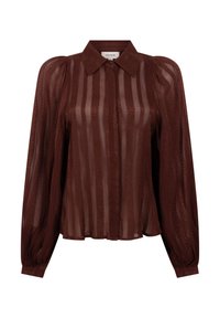 Bruine transparante blouse met een kraag, knoopsluiting aan de voorkant en lange pofmouwen. Bevat afwisselende effen en textuur gestreepte patronen.