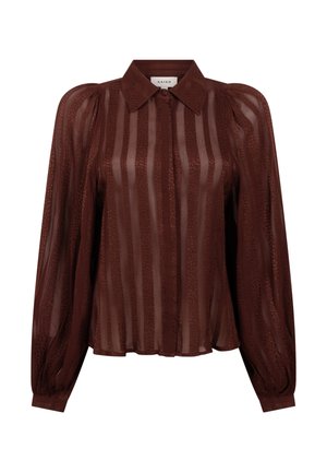 Bruine transparante blouse met een kraag, knoopsluiting aan de voorkant en lange pofmouwen. Bevat afwisselende effen en textuur gestreepte patronen.