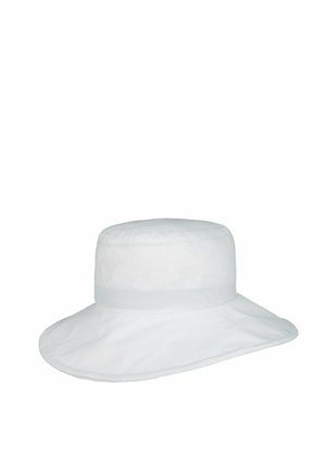 White wide-brimmed fabric sun hat with a flat crown and stitched brim, designed for sun protection.