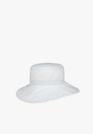 White wide-brimmed fabric sun hat with a flat crown and stitched brim, designed for sun protection.