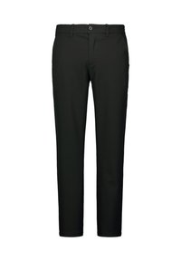 Zwarte broek van een zachte stof, met een rechte pijpdesign, voorzakken en een knoopsluiting. Glad textuur, geen patronen.