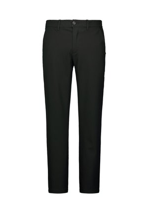 Zwarte broek van een zachte stof, met een rechte pijpdesign, voorzakken en een knoopsluiting. Glad textuur, geen patronen.