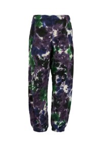 Spodnie dresowe tie-dye w kolorze fioletowym, zielonym i czarnym. Miękka tkanina z elastycznym pasem i mankietami, cechujące się luźnym krojem i abstrakcyjnym wzorem.