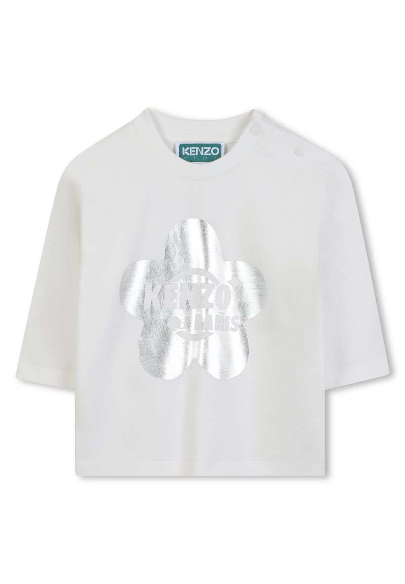 Witte katoenen t-shirt met korte mouwen, voorzien van een zilver metallic bloemenontwerp met de tekst "KENZO PARIS" in het midden. Drukknoopsluiting op de schouder.