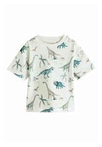Kurzärmliges T-Shirt in Off-White mit einem mehrfarbigen Muster aus Dinosauriern und Palmen. Hergestellt aus weichem Stoff mit rundem Ausschnitt.