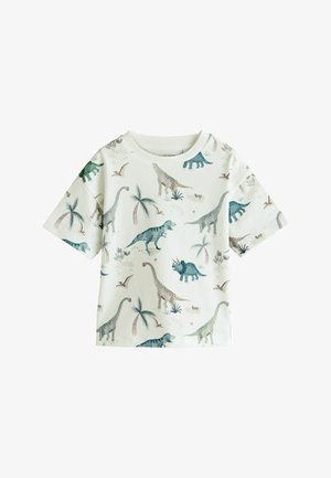 Tricou cu mânecă scurtă, de culoare alb-crem, decorat cu un model multicolor cu dinozauri și palmieri. Confecționat dintr-un material moale, cu guler rotund.