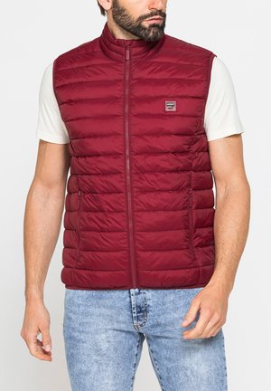 Uomo che indossa un gilet rosso trapuntato senza maniche sopra una camicia bianca a maniche corte e jeans azzurri, visto di profilo con le mani rilassate.