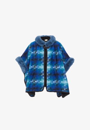 Blåternet poncho med en faux fur krave og ærmer, med en kontrasterende sort lynlås og struktur. Firkantede mønstre i forskellige nuancer af blå.
