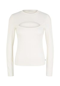 Langärmliges weißes Rippoberteil mit einem Ausschnitt am Brustbereich, einem runden Halsausschnitt und einer figurnahen Silhouette.