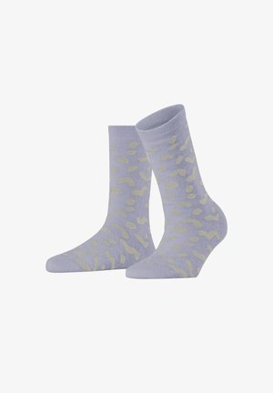 Lavendel sokken met een verspreid gouden patroon, gemaakt van zacht materiaal, met een geribbelde boorden en een gladde textuur.