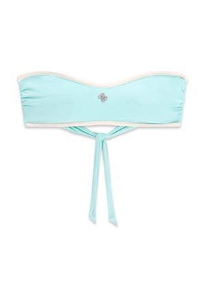 Haut de bikini bandeau bleu clair avec bordure blanche, petit emblème argenté à l'avant au centre et bretelles nouées suspendues en dessous.