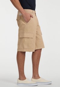 Beige cargo šortky s viacerými vreckami a rovný strih. Vyrobené z bavlny, s papierovou páskou a voľným strihom. Nosené s ľahkými topánkami.